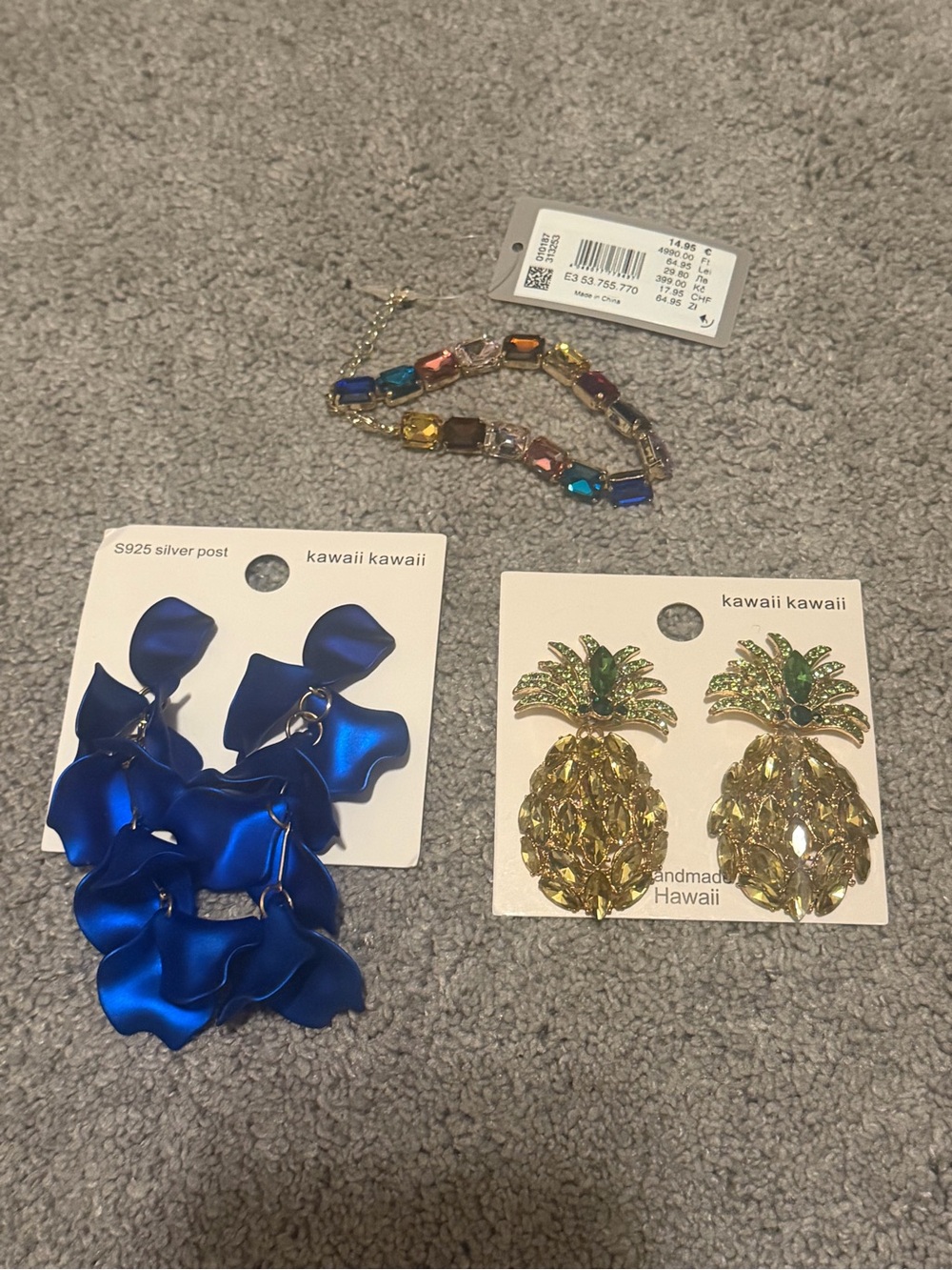 Blue Petal Earrings and Gold Pineapple Earrings Set